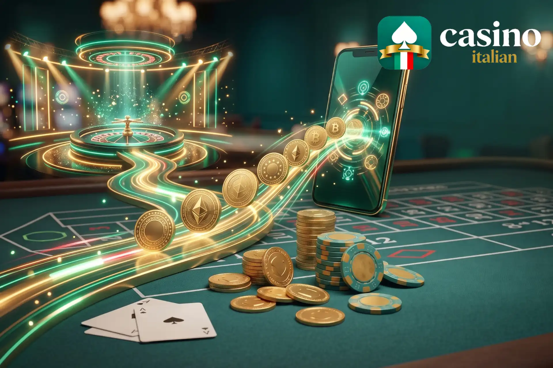 Panoramica sui migliori nuovi casino in arrivo, raffigurata su un tavolo verde con smartphone collegato a una scia di criptomonete, palco con roulette e fiches.